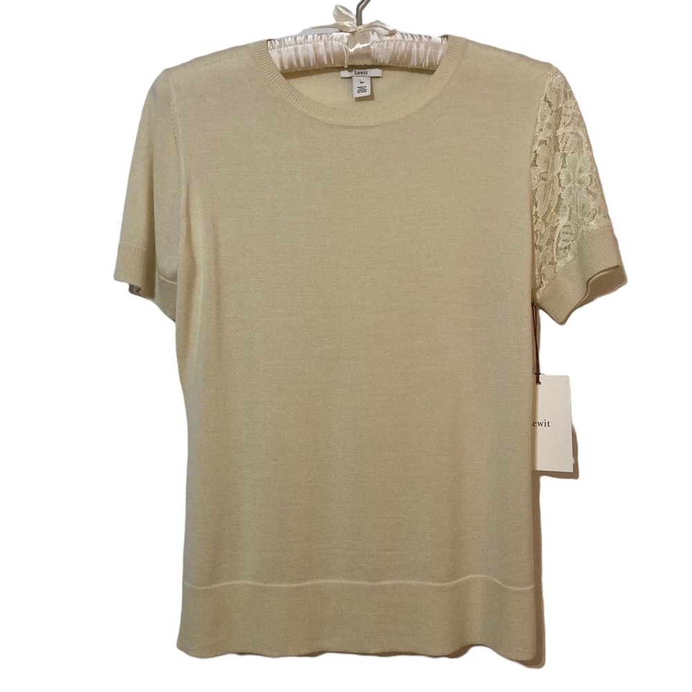 Lewit Meriino Wool Silk Lime Floral Lace Office Short Sleeve Knitted Sweater Top